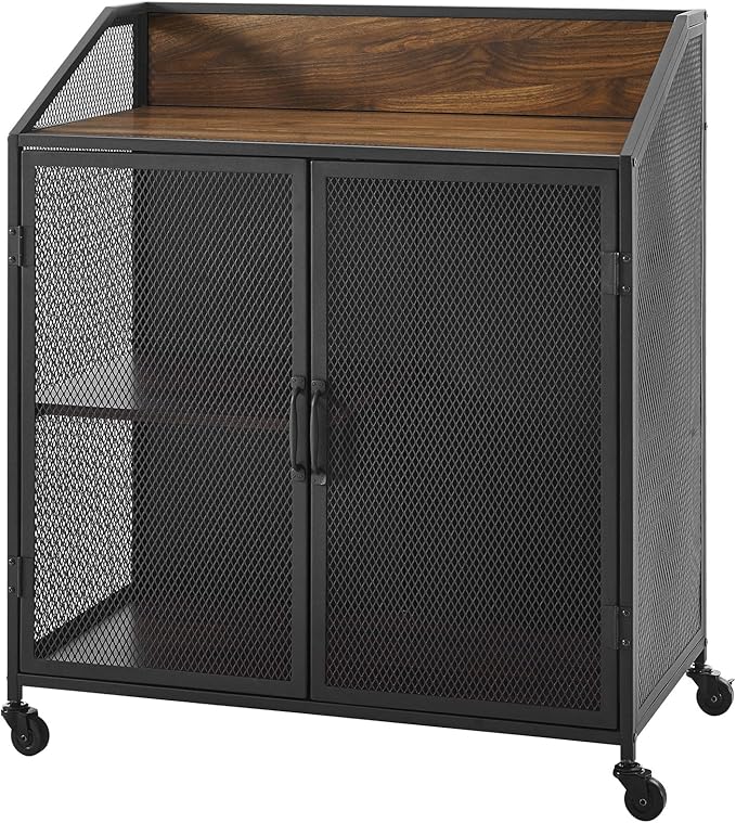 Walker Edison Malcomb Urban Industrial Metal Mesh Double Door Rolling Bar Cabinet, 33 Inch, Dark Walnut - LeafyLoom