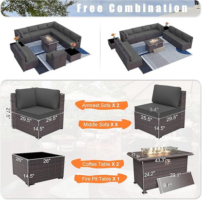 Patio Furniture Set with Fire Pit Table 13-Pieces Outdoor Sectional Furniture Outdoor Rattan Patio Conversation Sets with 43in 55,000 BTU Propane Gas Fire Pit Table Glass Table, Grey - LeafyLoom