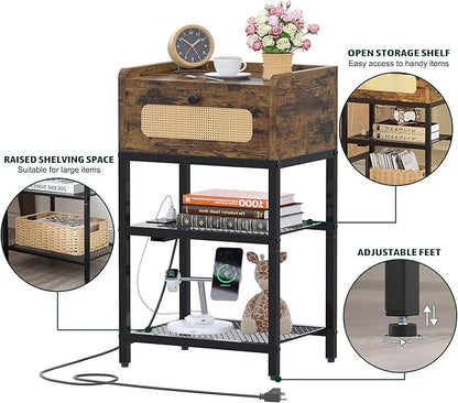 Night Stand set 2, Side Table with Rattan Drawer, Nightstand with Charging Station, Industrial Bedside Table with 3-Tier Storage, Rustic Brown JET003CSR2 - LeafyLoom