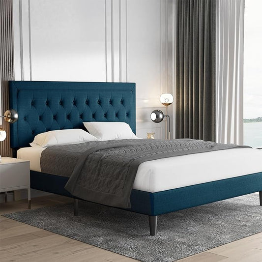 Allewie Queen Size Bed Frame Upholstered Platform Bed with Adjustable Headboard, Button Tufted, Wood Slat Support, Easy Assembly, Blue - LeafyLoom