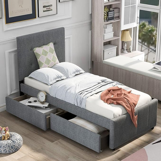 Bellemave Upholstered Twin Size Platform Bed Frame with 2 Storage Drawers and Headboard, Linen Fabric Simple Style, Solid Wooden Slats Support, No Box Spring Needed, Grey - LeafyLoom