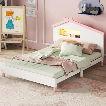 Bellemave Full Size Platform Bed with House-Shaped Headboard and Motion Activated Night Lights,Wood Twin Kids Bed Frame for Girls,Boys(Twin,Pink) - LeafyLoom