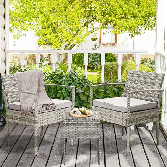 3 Pieces Patio Furniture Set, Balcony Furniture, Patio Bistro Set All-Weather Wicker Chairs Conversation Set with Cushions Table for Outdoor Backyard Porch Lawn (Grey-Grey) - LeafyLoom