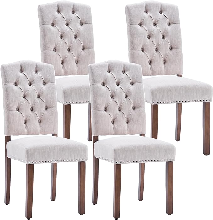 Stylish Upholstered Nailhead Trim and Sturdy Solid Wood Legs Parson Dining Chair, Set of 4, Beige - LeafyLoom