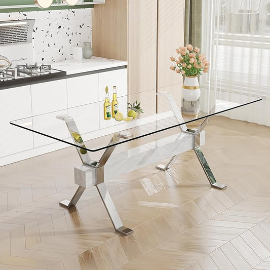 Rectangular Table with Tempered Glass Tabletop,Modern Dinner Desk W/Metal Tubular Legs, Home,Kitchen,Dining Room,Office,Silver, 79" Marble Color Crossbars - LeafyLoom