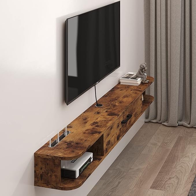 Floating TV Unit, 55'' Wall Mounted TV Cabinet, Floating Shelves with Door, Modern Entertainment Media Console Center Large Storage TV Bench for Living Room & Office (55.12IN, Rustic Brown) - LeafyLoom