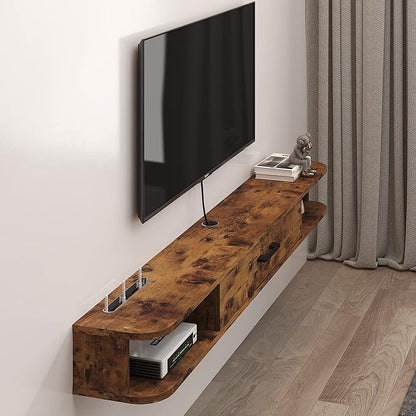 Floating TV Unit, 63'' Wall Mounted TV Cabinet, Floating Shelves with Door, Modern Entertainment Media Console Center Large Storage TV Bench for Living Room & Office (62.99IN, Rustic Brown) - LeafyLoom