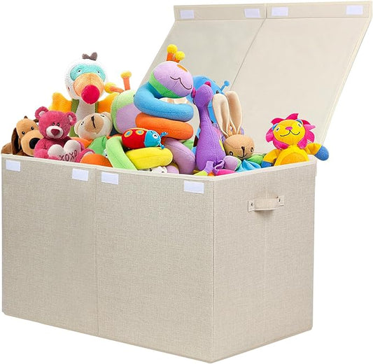 popoly 122L Large Toy Box Chest with Lid, Foldable Toy Storage Organizer Bin Boxes with Removable Divider for Kids, Boys, Girls, Nursery, Playroom, 26"x17" x17" (Linen Beige) - LeafyLoom