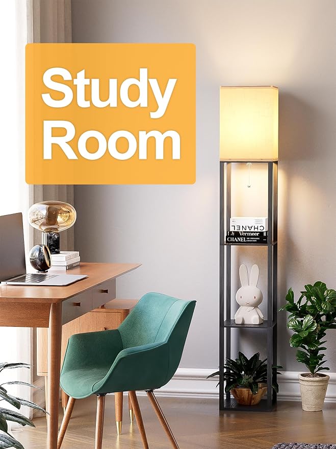 Floor Lamp with Shelves for Living Room, Shelf Floor Lamp with 3 CCT LED Bulb, Corner Display Standing Column Lamp Etagere Organizer Tower Nightstand with White Linen Shade for Bedroom, Office - LeafyLoom