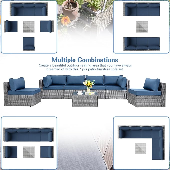 Shintenchi 7 Pieces Outdoor Patio Sectional Sofa Couch, Silver Gray PE Wicker Furniture Conversation Sets with Washable Cushions & Glass Coffee Table for Garden, Poolside, Backyard (Aegean Blue) - LeafyLoom