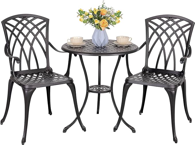 NUU GARDEN Patio Bistro Sets 3 Piece Cast Aluminum Bistro Table and Chairs Set with Umbrella Hole Bistro Set of 2 for Patio Backyard, Black - LeafyLoom