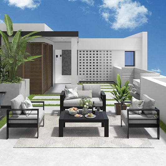 Solaste Outdoor Aluminum Furniture Set - 4 Pieces Patio Sectional Chat Sofa Conversation Set with Table,Black Frame and Grey Cushion - LeafyLoom