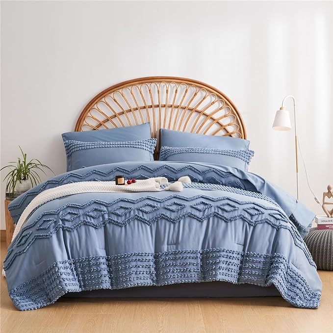 KAKIJUMN Blue Tufted Comforter Set Full Size 7 Piece Bed in a Bag, Shabby Chic Boho Comforter and Sheet Set, Pom Pom Textured Bed Set, All Season Soft Microfiber Complete Bedding Set(Blue,Full) - LeafyLoom