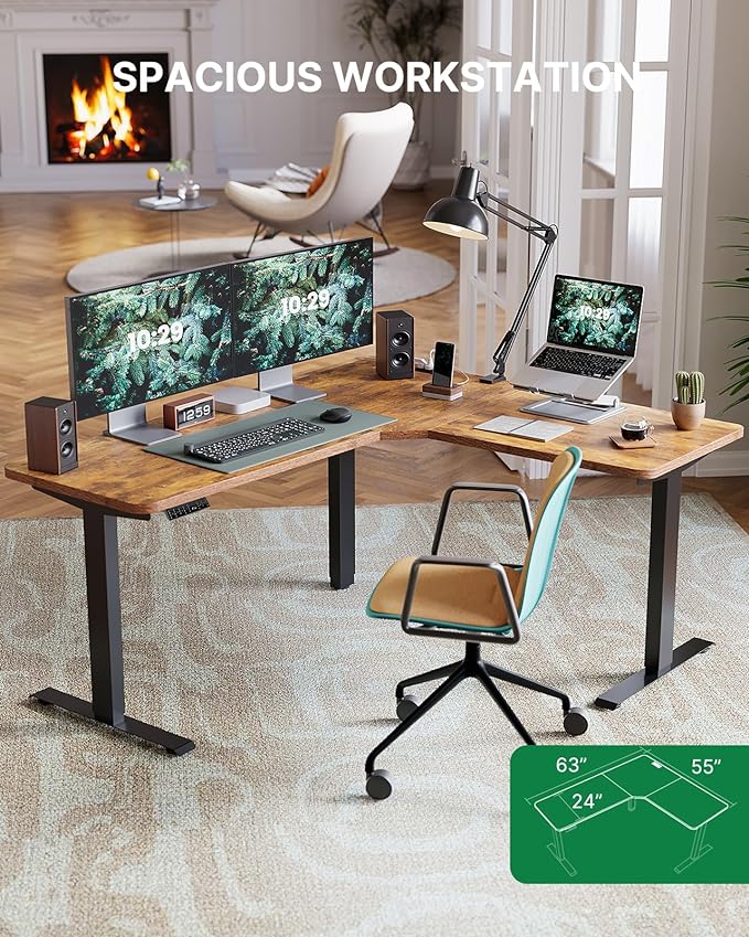 Marsail Corner Stand Up Desk Adjustable Height with 4-in 1 Electical Outlet, L Shaped Electric Standing Desk with Headphone Hook, Stand up Desk for Home Office Sturdy Writing Workstation Rustic - LeafyLoom