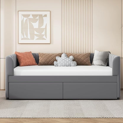 Modern Twin Size Upholstered Daybed Frame with Storage Drawers, Elegant Velvet Fabric Sofa Bed with Ergonomic Design Backrest and Armrests, No Box Spring Needed, Gray - LeafyLoom