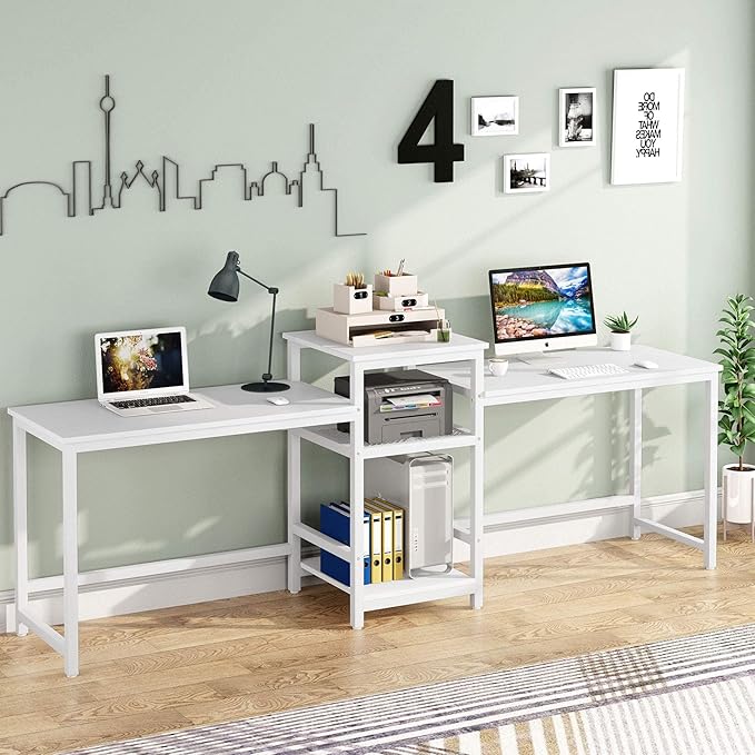 Tribesigns 96.9" Double Computer Desk with Printer Shelf, Extra Long Two Person Desk Workstation with Storage Shelves, Large Office Desk Study Writing Table for Home Office, White - LeafyLoom