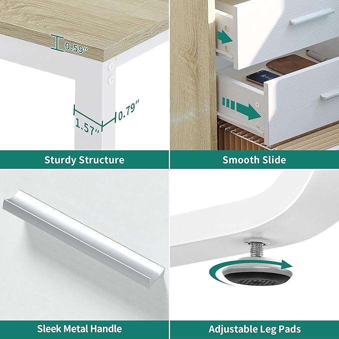 YITAHOME L Shaped Desk with Power Outlets & LED Lights & File Cabinet, 55" Corner Computer Desk with 3 Drawers & 2 Storage Shelves, Home Office Desk with Monitor Stand, Oak & White - LeafyLoom