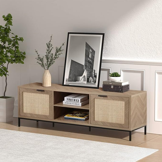 Anmytek Rattan TV Stand for 65 Inch TV Mid Century Modern Entertainment Center with Natural Rattan Door & Herringbone Texture Large TV Console Table for Living Room, Natural Oak - LeafyLoom