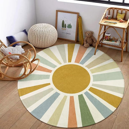 Boho Sun Round Area Rug for Living Room, 6 Ft Washable Nursery Rug for Playroom, Colorful Circle Rug for Kids Bedroom, Non-Slip Circluar Carpet Soft Large Kids Rug for Classroom Dorm Kids Room - LeafyLoom