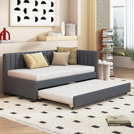 Twin Size Upholstered Linen Daybed with 2 Trundle,Semi-Closed Design,Solid Wood Bed Frame,W/Backrest and Slat Support,No Box Spring Needed,for Apartment Bedroom,Gray - LeafyLoom