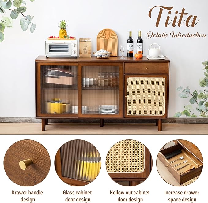 Tiita Bamboo Sideboard Buffet Cabinet, Rattan Kitchen Storage Cabinet with Drawer, Boho Coffee Bar Tables for Kitchen Living Room Hallway Office, Walnut - LeafyLoom