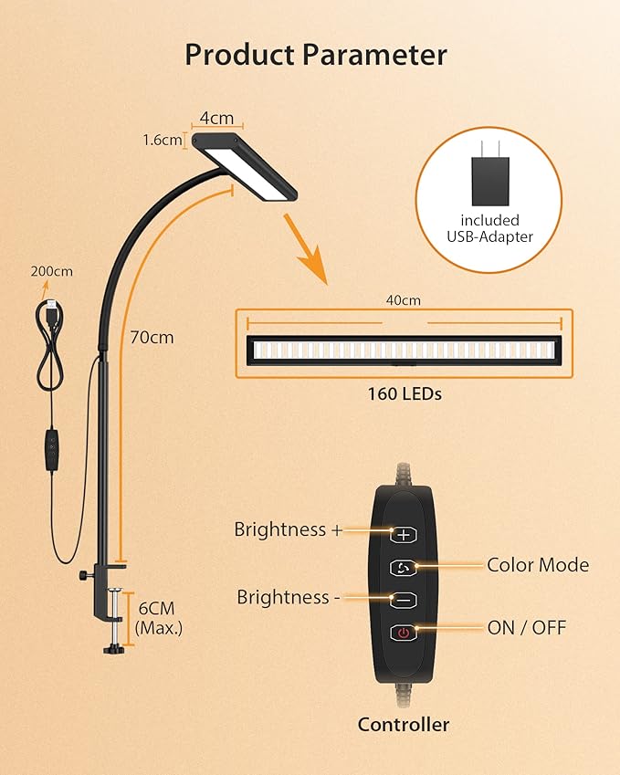 Desk Lamp [3 Color & 10 Brightness] 160 LEDs Dimmable Desk Lamp Home Office USB Lamp with Clamp, Eye-Caring Clip on Desk Light Working for Video Conference Workbench Drafting Crafting Drawing Reading - LeafyLoom