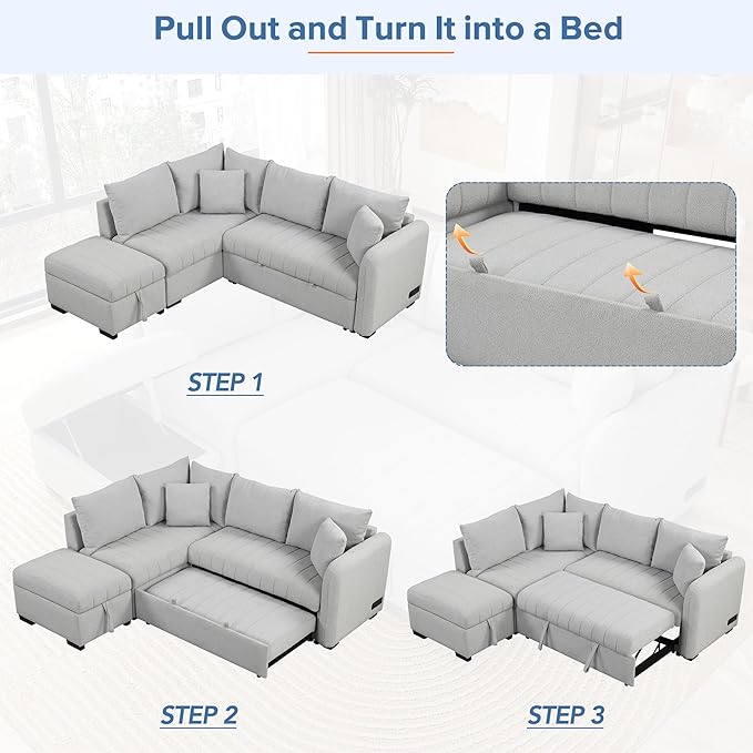 82" L-shaped Sectional Sleeper Sofa with Chaise,Pull Out Bed for Living Room Furniture Sets, 2 USB Ports, Power Sockets and Movable Storage Ottoman, Gray Upholstery - LeafyLoom