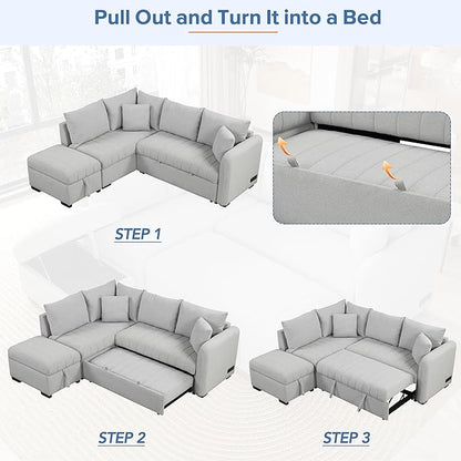 82" L-shaped Sectional Sleeper Sofa with Chaise,Pull Out Bed for Living Room Furniture Sets, 2 USB Ports, Power Sockets and Movable Storage Ottoman, Gray Upholstery - LeafyLoom