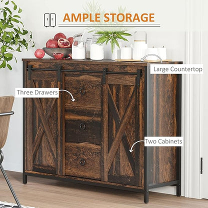 HOMCOM Industrial Farmhouse Buffet Cabinet, Kitchen Sideboard with Sliding Barn Doors, Three Drawers and Adjustable Shelves for Living Room, Rustic Brown - LeafyLoom