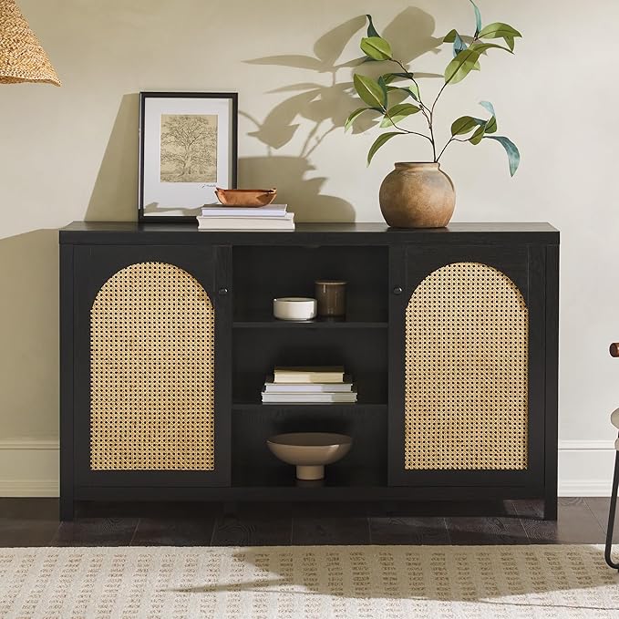 Walker Edison Boho Arched Rattan 2-Door Sideboard, 58 Inch, Black - LeafyLoom