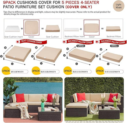 ClawsCover 9Pack Outdoor Seat and Back Cushions Replacement Covers Fit for 5 Pieces 4-Seater Wicker Rattan Furniture Patio Conversation Set Sectional Couch,Light Khaki-Include Cover Only (Large) - LeafyLoom