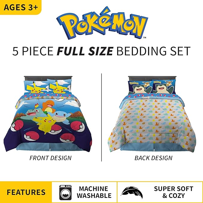 Franco Kids Bedding Super Soft Comforter and Sheet Set, 5 Piece Full Size, Pokemon - LeafyLoom