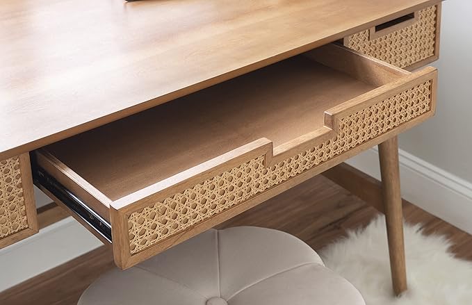 Linon Natural Dutton Wood and Rattan Desk - LeafyLoom