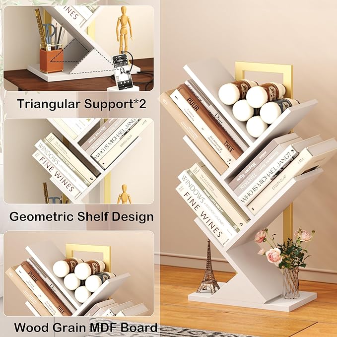 Yusong Tree Bookshelf, 5-Tier Small Bookcase with Metal Frame, Geometric Floor Standing Books Shelves Wooden Shelf for Office Desk Bedroom Tabletop Living Room White - LeafyLoom