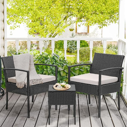 3 Pieces Patio Furniture Set, Balcony Furniture, Patio Bistro Set All-Weather Wicker Chairs Conversation Set with Cushions Table for Outdoor Backyard Porch Lawn (Black-Grey) - LeafyLoom