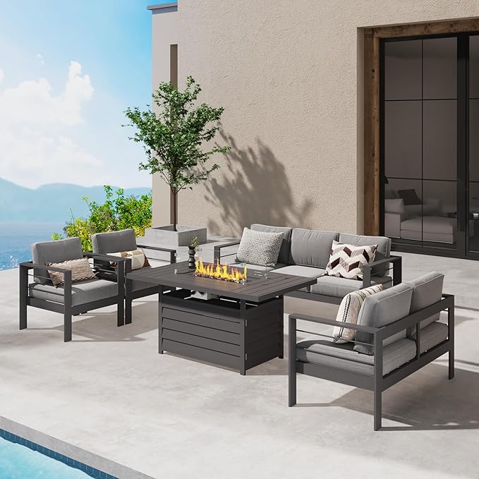 Wisteria Lane 5 Piece Aluminum Outdoor Patio Furniture Set with 54 Inch Propane Gas Fire Pit Table, Modern Patio Conversation Sets with Outdoor Sectional Couch for Backyard, Garden, Dark Grey - LeafyLoom