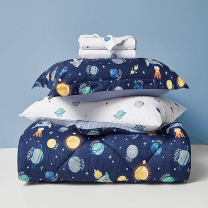 Kids Bedding Set for Boys, Twin Size 5 Pieces Space Themed Bed in a Bag, Super Soft Lightweight Microfiber Comforter Set with Sheets, Hotel Quality Durable Children Bed Set - LeafyLoom