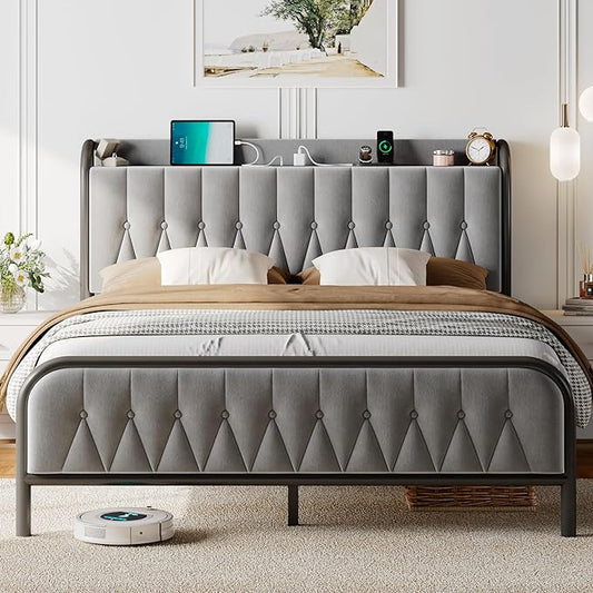 Feonase Full Size Bed Frame with Type-C & USB Port, Fast Charging Metal Platform Beds, Velvet Upholstered Headboard & Footboard, 12" Under Bed Storage Space, Easy Assembly, Noise-Free, Gray - LeafyLoom