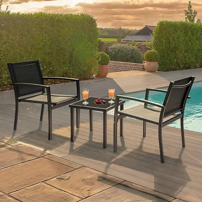 Greesum 3 Pieces Patio Furniture Outdoor Bistro Set Textilene Fabric Chairs for Lawn, Garden, Balcony, Poolside with A Glass Coffee Table, Black - LeafyLoom