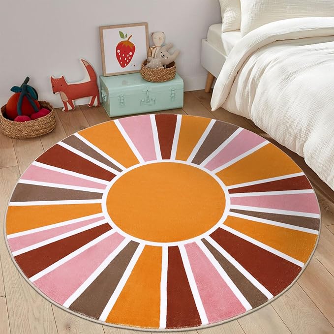 Topotdor Sun Rainbow Round Rug 4ft Boho Kids Nursery Rug, Colorful Washable Area Rug Ultra Soft Circle Classroom Rug Non-Slip for Bedroom Living Room Playroom Decor, Pink - LeafyLoom