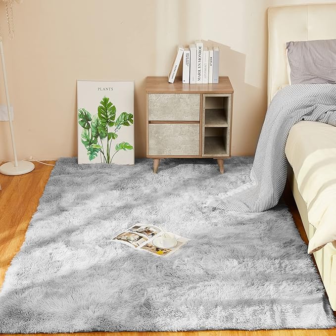 YOBATH Fluffy Grey Area Rug 6x9 Feet for Living Room, Plush Anti-Slip Shaggy Carpet for Bedroom, Fuzzy Shag Rugs for Kids Girls Boys Room Nursery Playroom Dorm Room, Tie-Dyed Light Grey - LeafyLoom