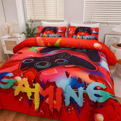 Aimuan Gaming Comforter Sets for Boys Kids Bedding Sets Video Games Console Action Buttons Novelty Colorful Game Gamepad Controller Modern Gamer Room Decor Home Quilt Set (Twin, Red) - LeafyLoom