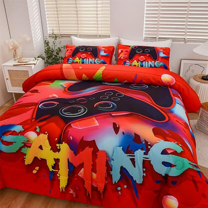 Aimuan Gaming Comforter Sets for Boys Kids Bedding Sets Video Games Console Action Buttons Novelty Colorful Game Gamepad Controller Modern Gamer Room Decor Home Quilt Set (Queen, Red) - LeafyLoom