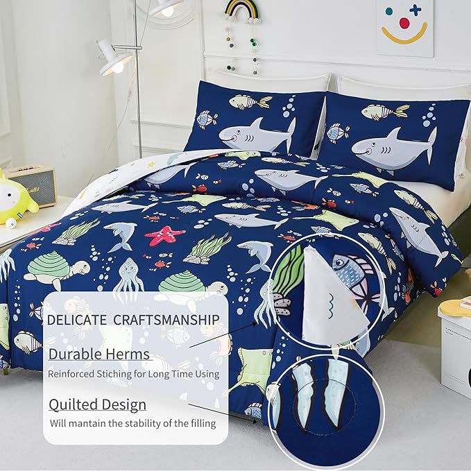 RYNGHIPY Kids Bedding Set for Full Bed Reversible Ocean Animals Print Comforter Set for Boys Girls Easy-Wash Super Soft Microfiber Bed Set (Navy Ocean,Full) - LeafyLoom