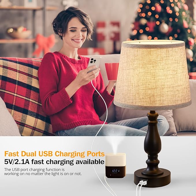 Table Lamps Set of 2, Bedside Nightstand Lamps with USB Charging Ports, 3 Way Dimmable Touch with Linen Fabric Lampshade, Modern Small Lamp for Bedrooms, Living Room (Bulbs Included) - LeafyLoom