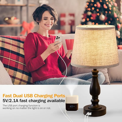 Table Lamps Set of 2, Bedside Nightstand Lamps with USB Charging Ports, 3 Way Dimmable Touch with Linen Fabric Lampshade, Modern Small Lamp for Bedrooms, Living Room (Bulbs Included) - LeafyLoom