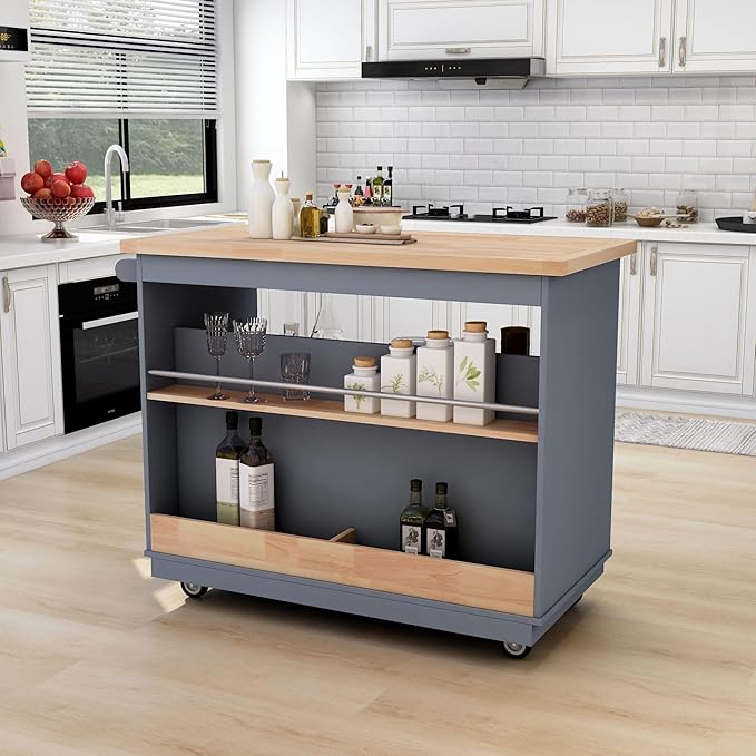 RITSU Kitchen Island Cart with Storage, Two-sided Rolling Bar Storage Cabinet Organizer on Wheels Wooden Top, Portable Movable Table w/Wine and Spice Rack, 2 Drawers, for Dining Room, Grey Blue - LeafyLoom