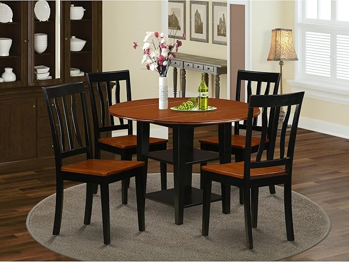 East West Furniture SUAN5-BCH-W 5 Piece Dining Set Includes a Round Dining Room Table with Dropleaf & Shelves and 4 Wood Seat Chairs, 42x42 Inch, Black & Cherry - LeafyLoom