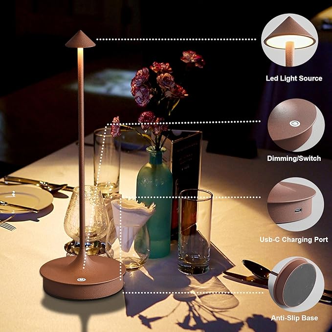 Cordless Table Lamps Rechargeable, LED Desk Lamp 4000mAh Battery Operated Outdoor Waterproof Portable Touch Dimmable Table Light for Patio/Restaurant/Bar/Indoor (Brown-1PC) - LeafyLoom