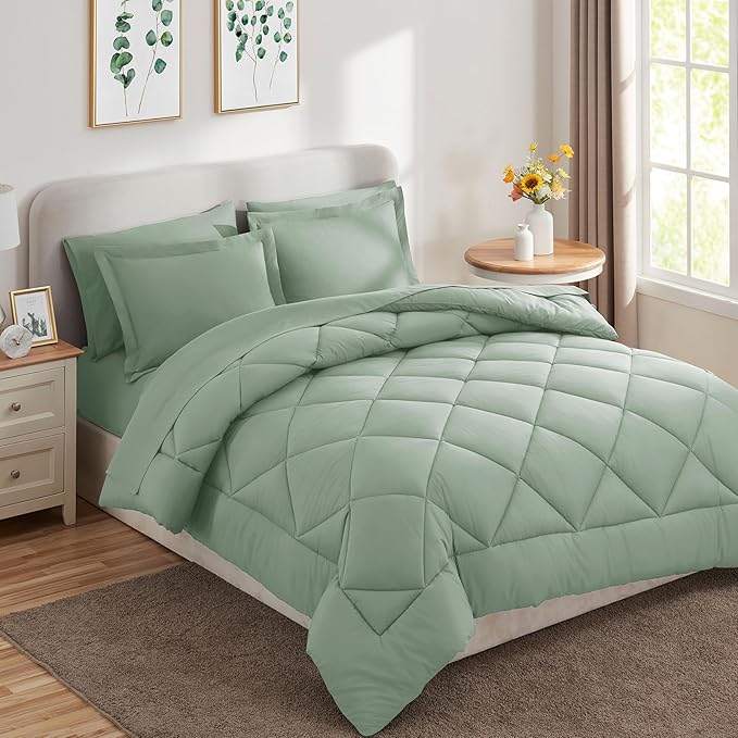 CozyLux Queen Comforter Set with Sheets 7 Pieces Bed in a Bag Sage Green All Season Bedding Sets with Comforter, Pillow Shams, Flat Sheet, Fitted Sheet and Pillowcases - LeafyLoom